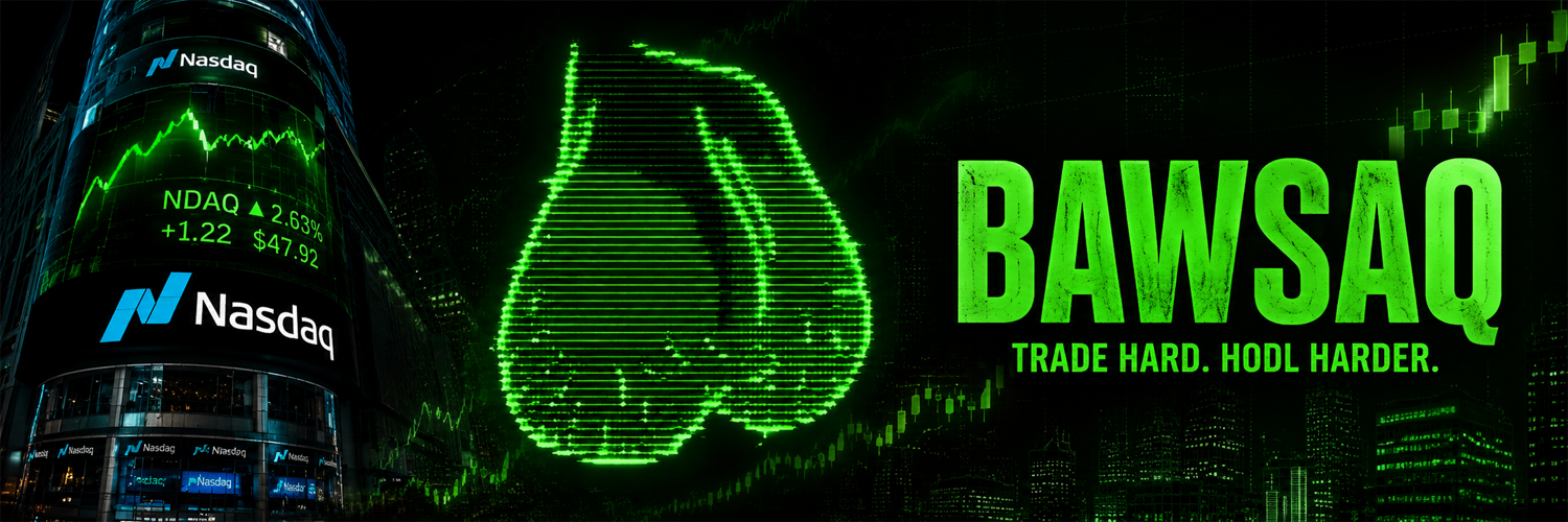 BAWSAQ — Trade hard. HODL harder. Neon green NASDAQ tower and ticker.